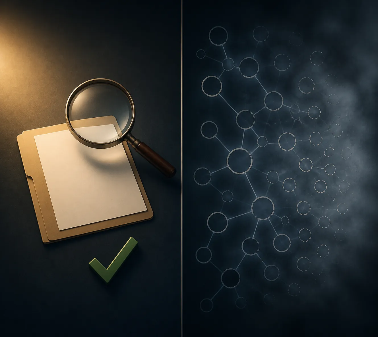 Split illustration of a closed legal dossier with a check mark contrasted with open-ended research disappearing into fog