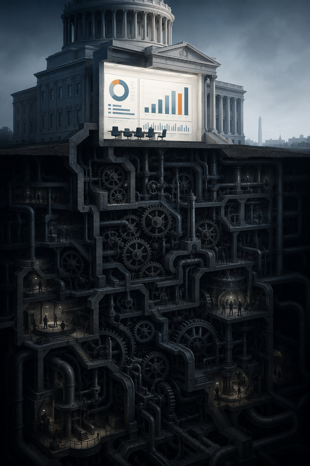Editorial illustration of a visible data dashboard above a much larger hidden system of gears and pipes