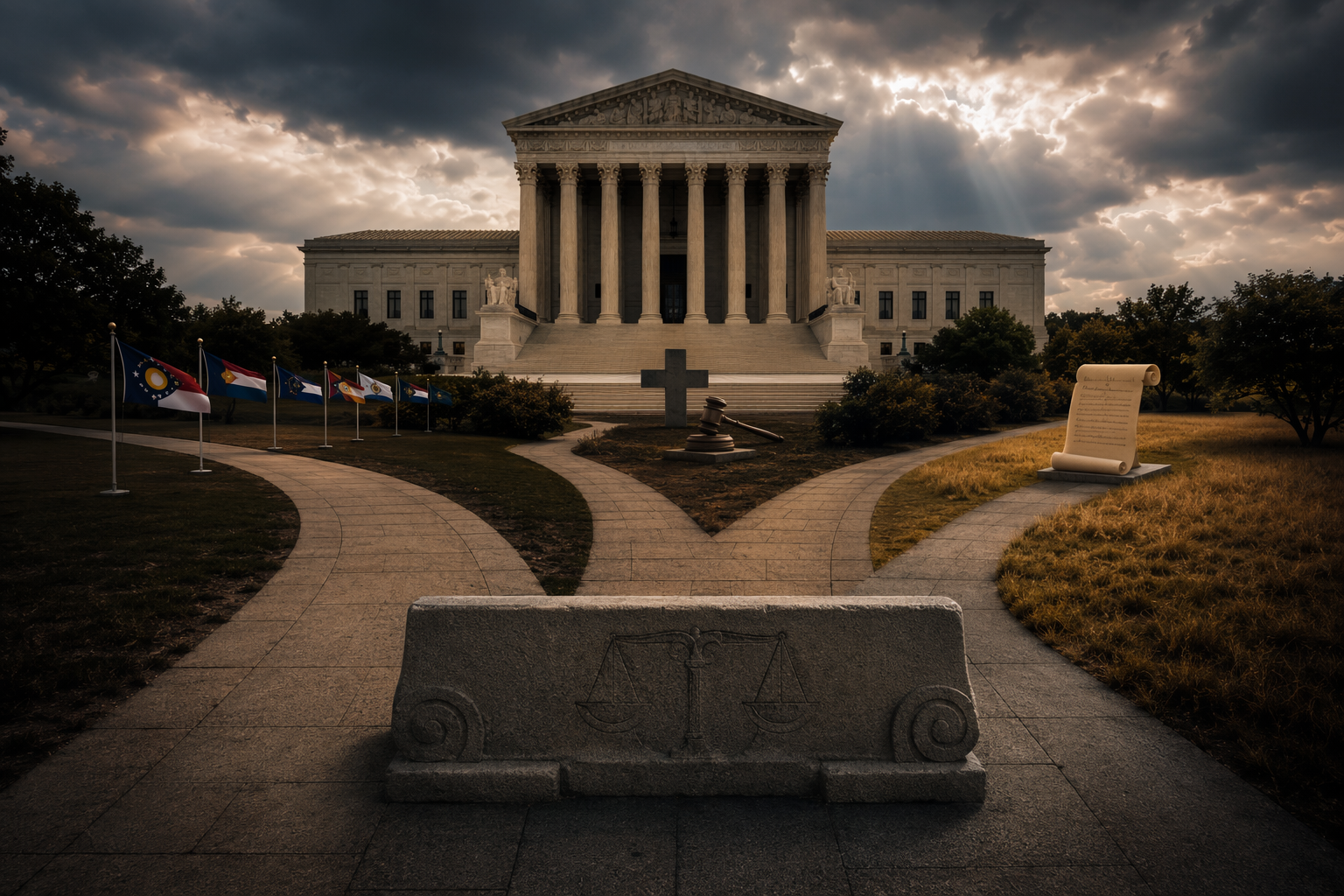 Courthouse facade with one blocked legal path and narrower open paths branching toward state and health care markers