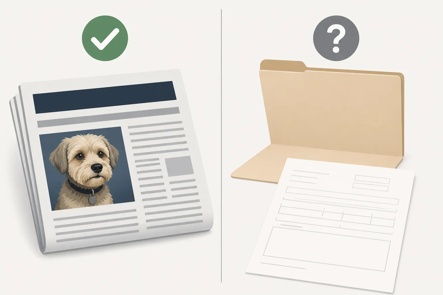Editorial illustration contrasting a reported newspaper story with an empty legal folder and blank court form