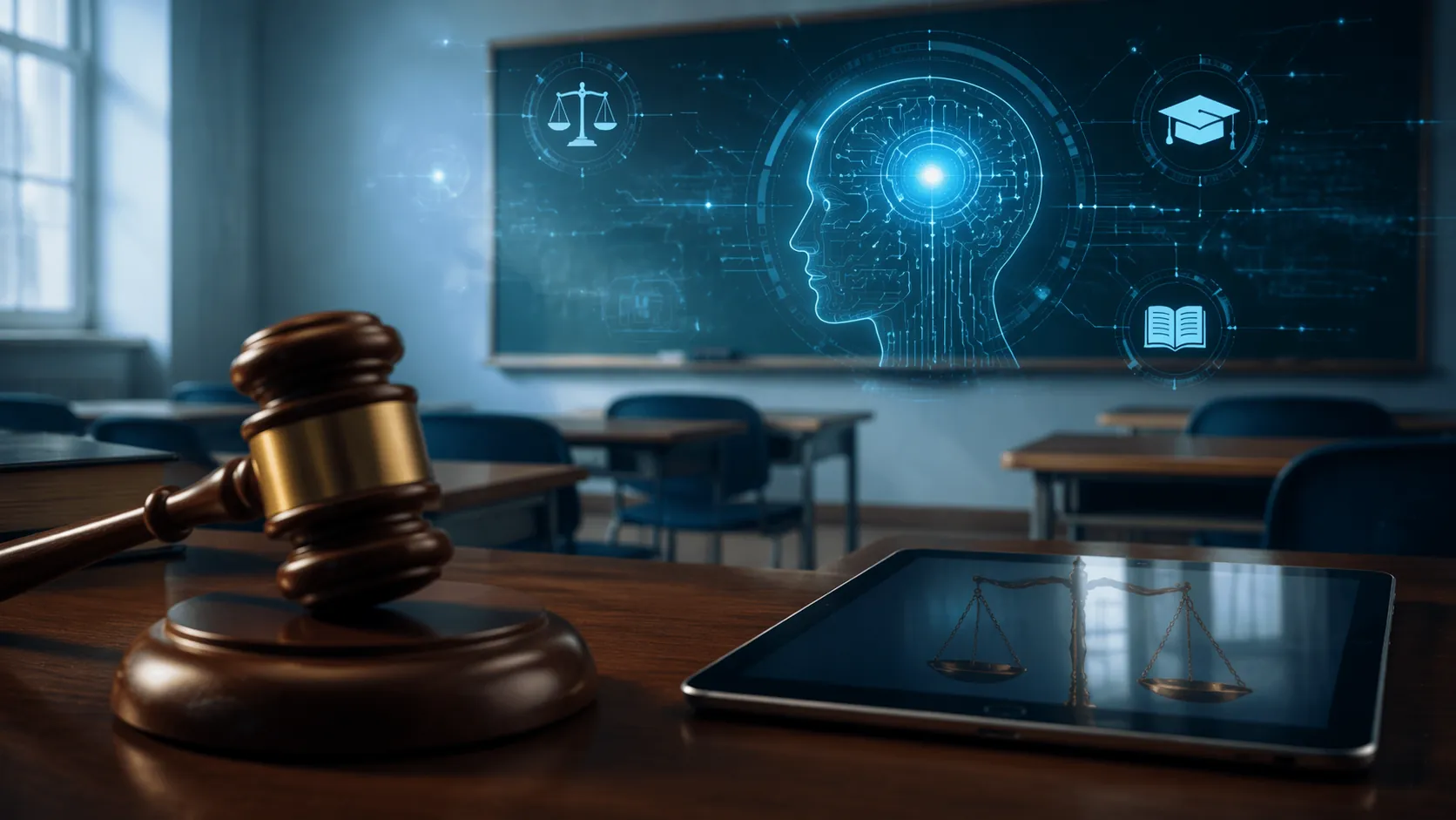 Courtroom gavel before a blurred classroom with an AI interface on a chalkboard