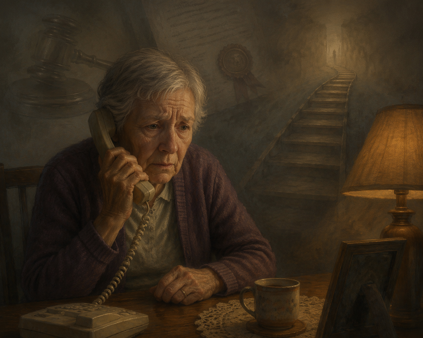 Worried older adult holding a phone while legal documents and a gavel appear faintly in the background