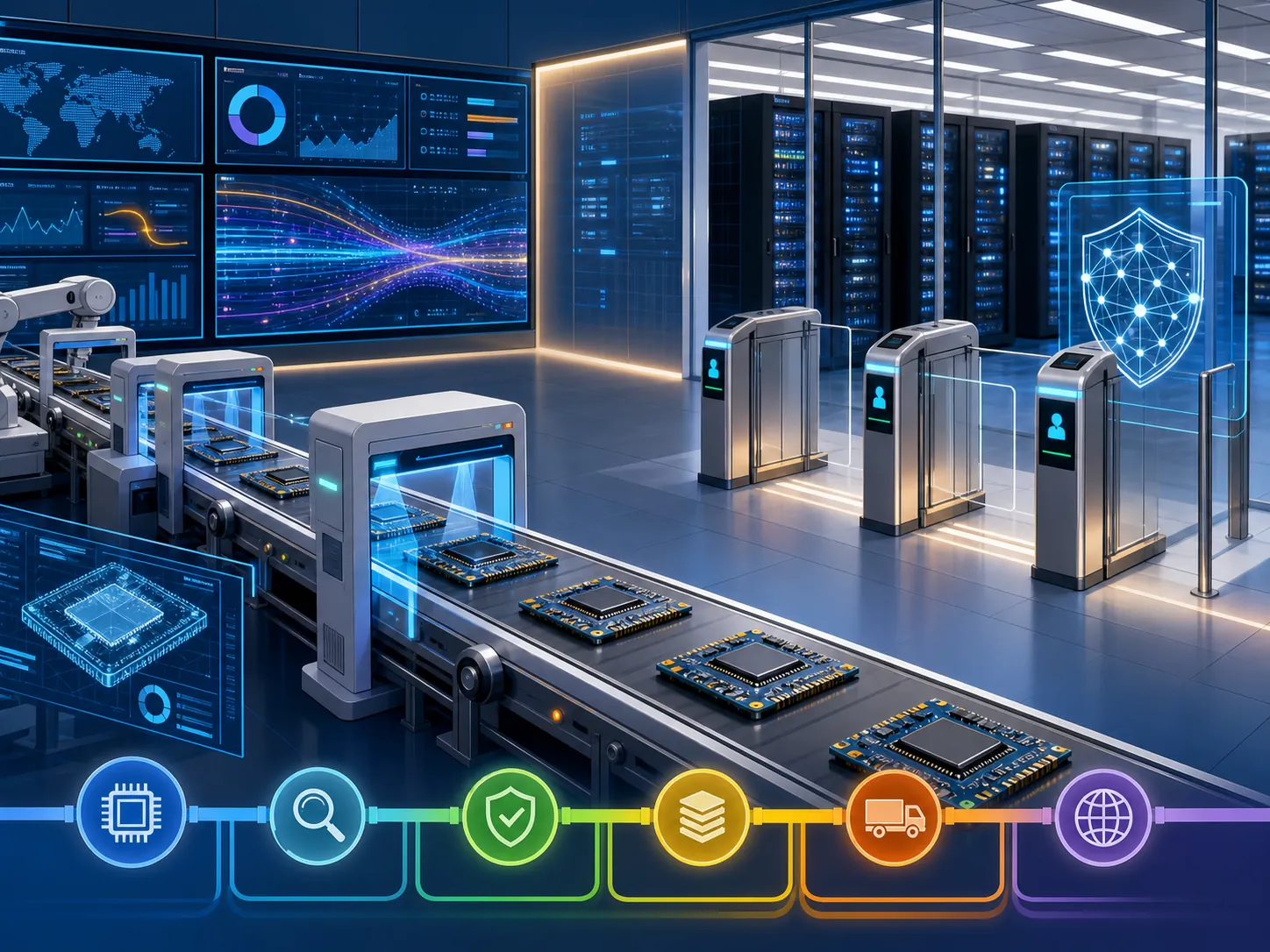 Civilian compute-governance system with chips moving through scanning checkpoints and data-center access controls