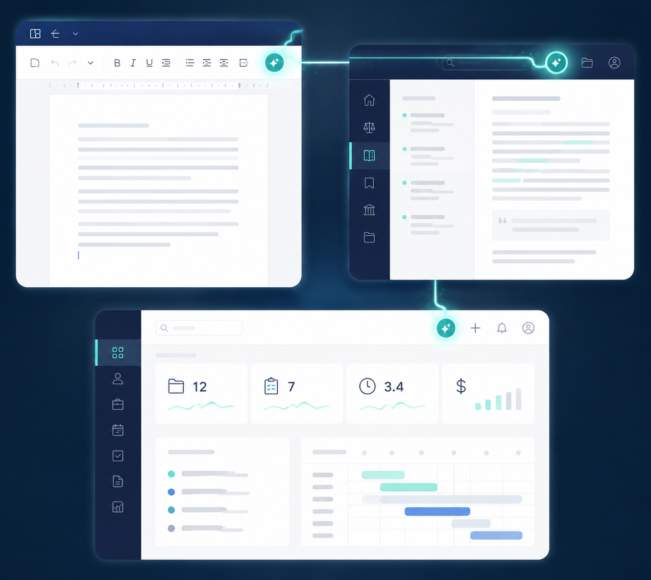 AI assistants embedded in a word processor, legal research platform, and practice management dashboard