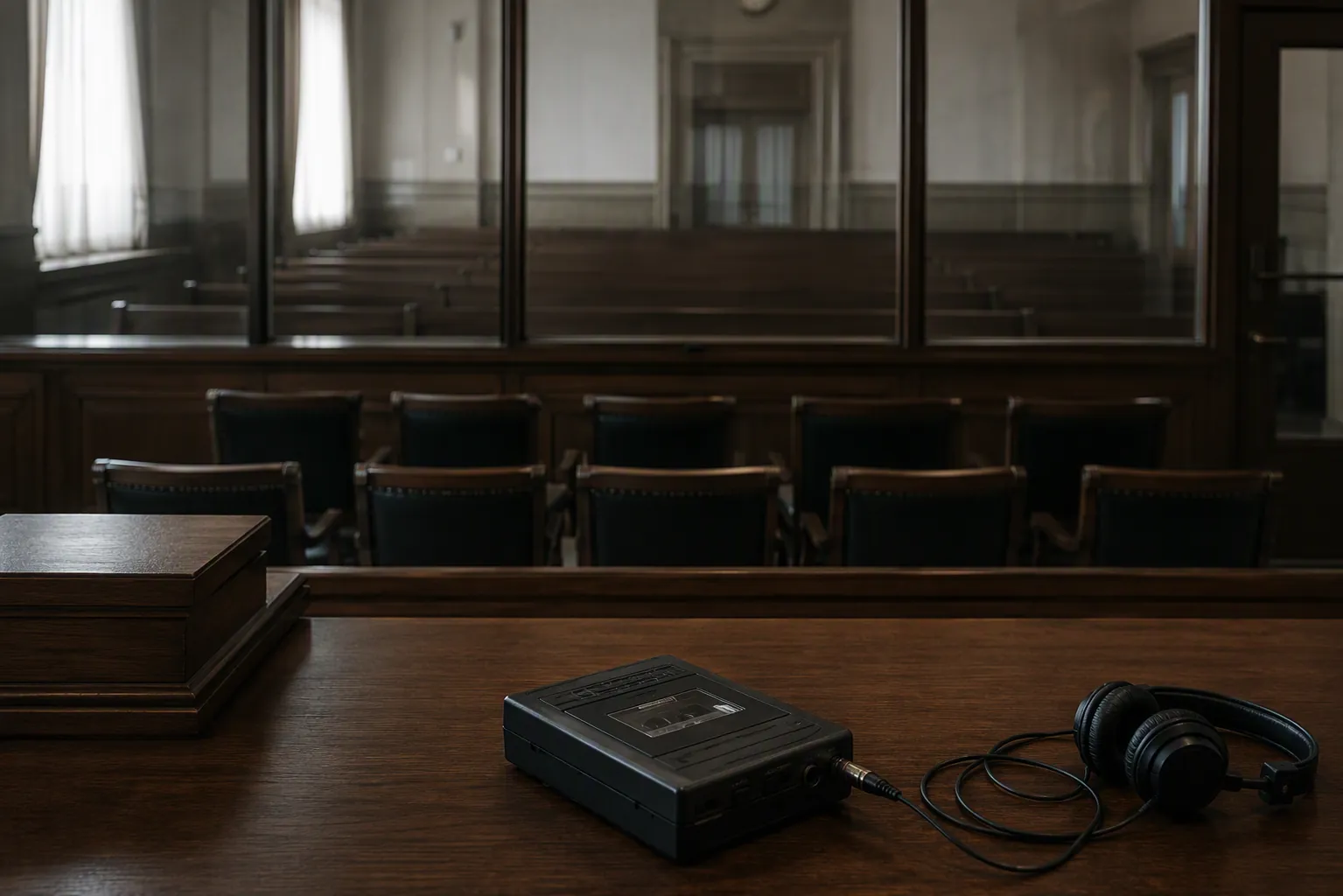An audio playback device on a courtroom evidence table with a jury box in soft focus behind it