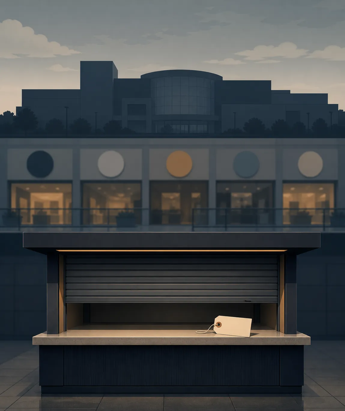 Illustration of a shopping mall trademark exposure chain involving a kiosk, brand symbols, and mall operator