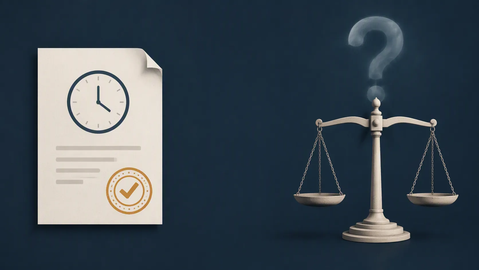 Document with timestamp stamp separated from courtroom scales by an empty gap