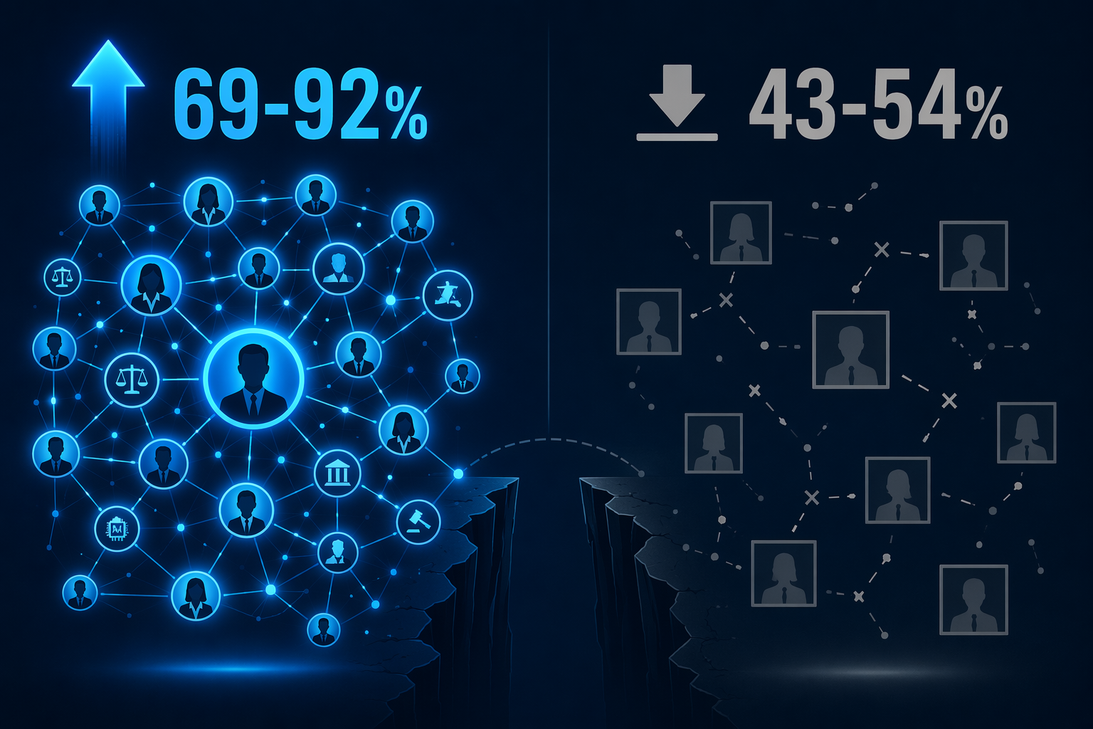 Connected AI adoption network contrasted with broken governance structures