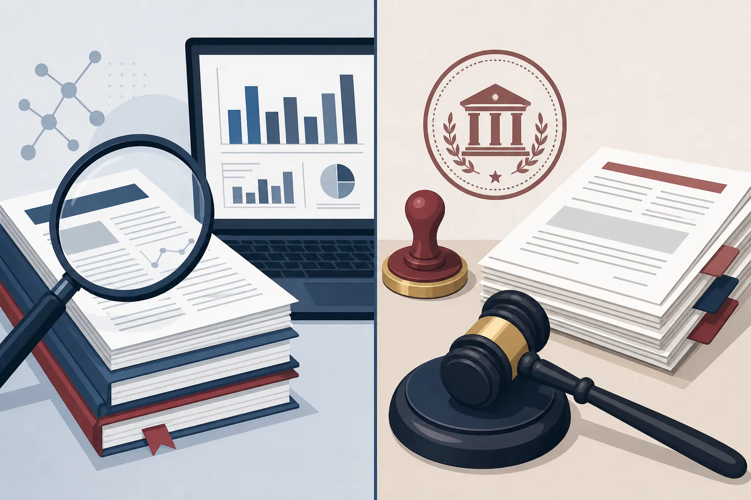 Academic research papers and charts separated from a judge's gavel and court docket documents