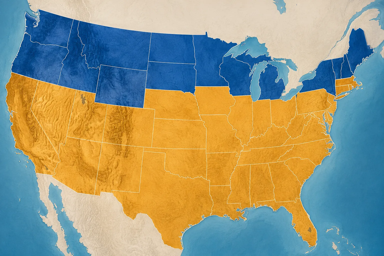 Map of the continental United States showing northern states in cool blue tones and southern states in warm amber tones to illustrate the winter sunrise divide under permanent daylight saving time