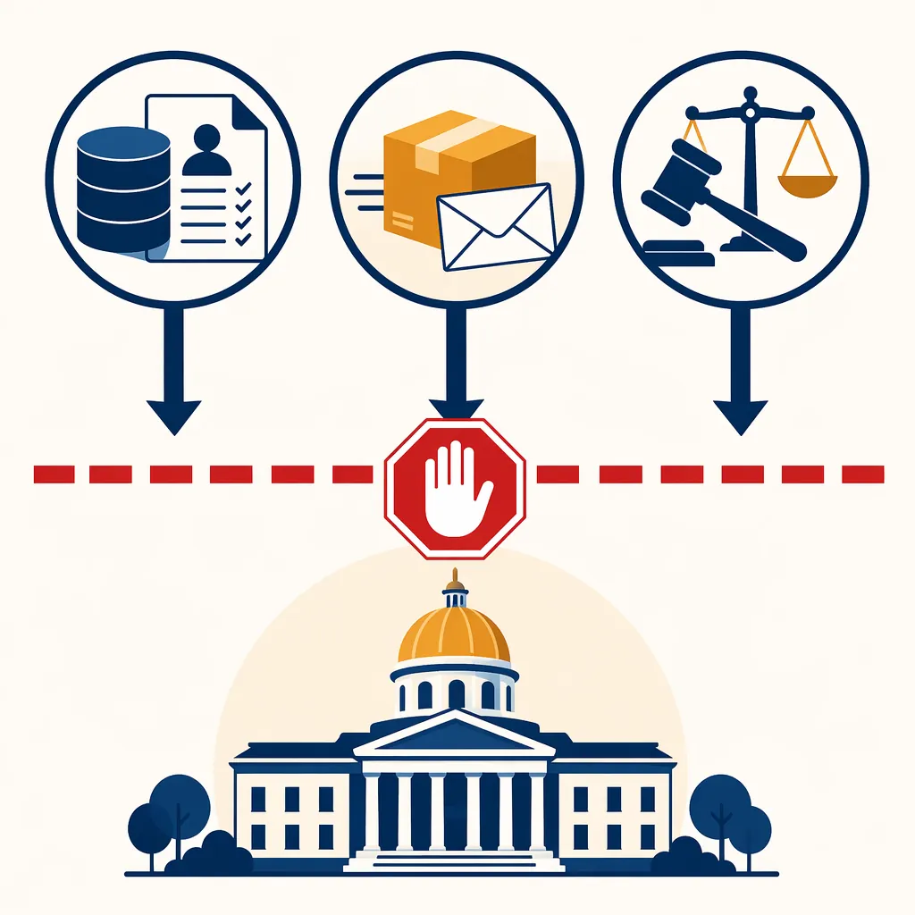 Infographic illustration of DHS database, USPS mail, and DOJ enforcement icons blocked from reaching state election administration