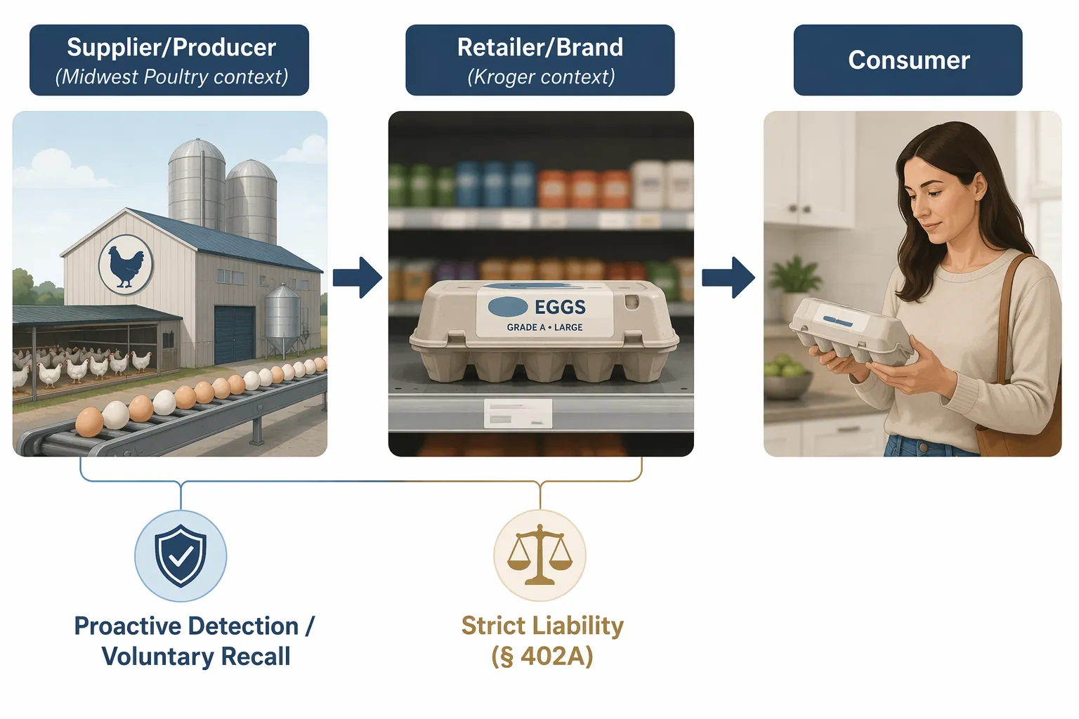 Supply chain liability flow from supplier and producer to retailer brand to consumer, with strict liability and proactive recall concepts