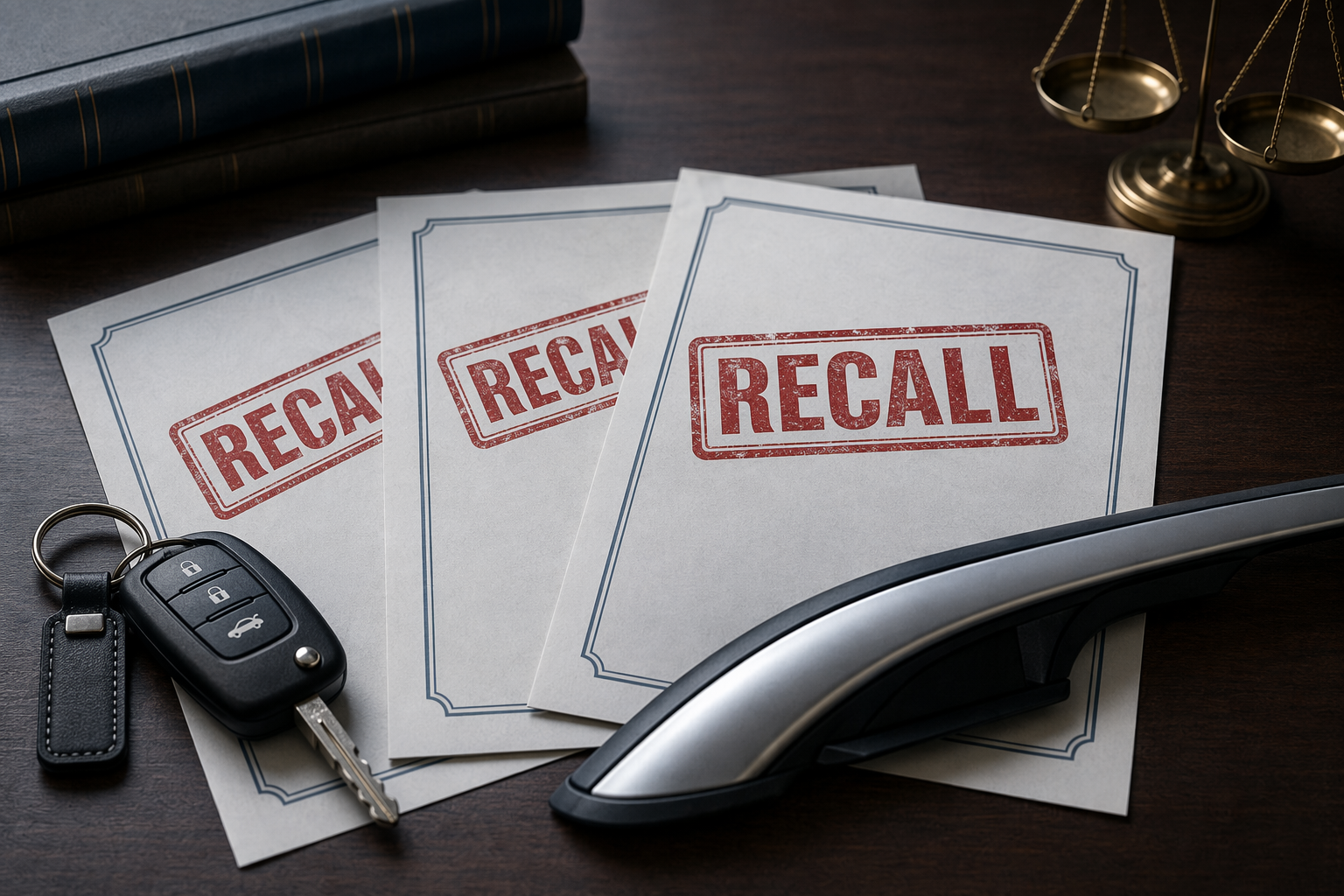 Recall documents, car keys, and a roof rail trim piece on a dark desk