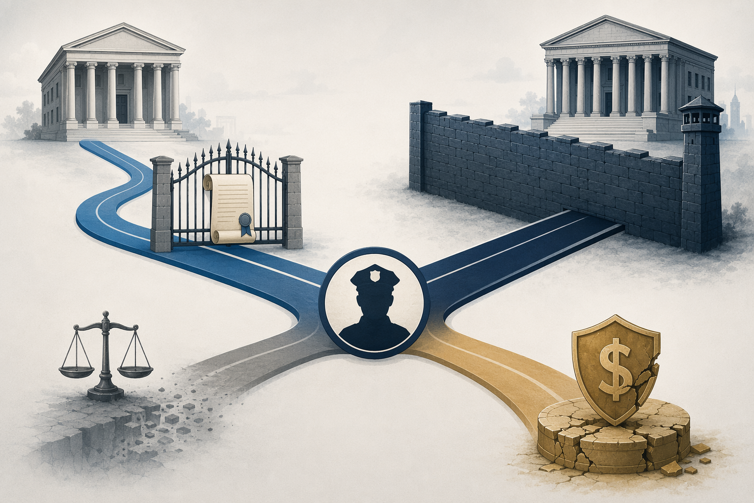A diagram of legal accountability pathways branching from a central badge toward state, federal, civil damages, and compensation routes