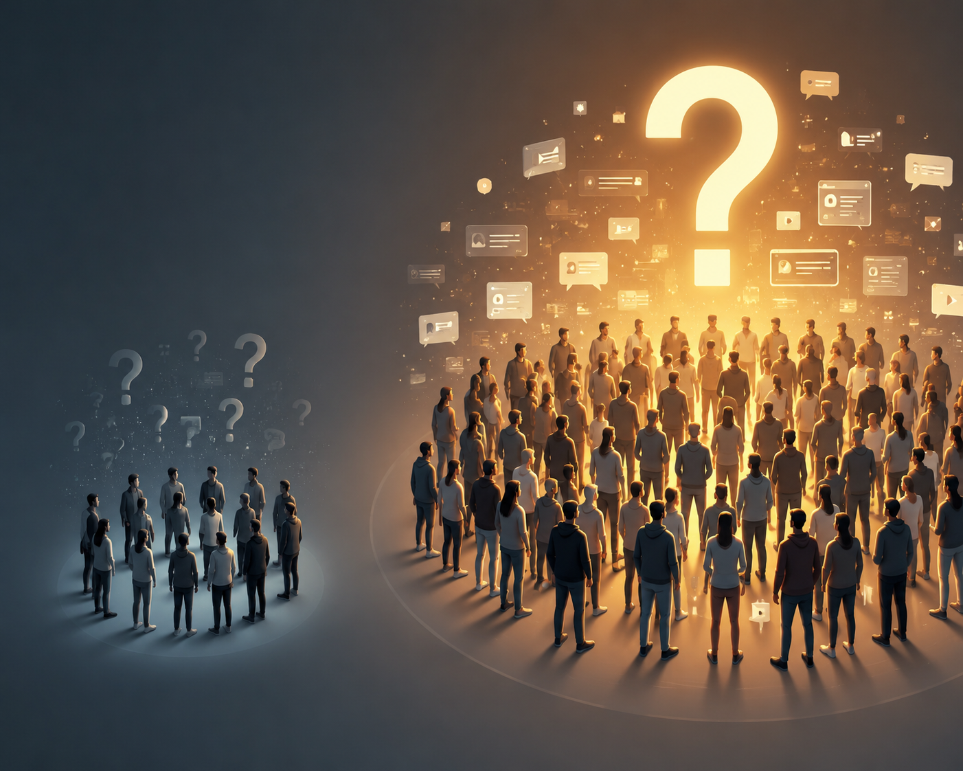 Contrasting silhouetted groups with question marks and digital interface fragments