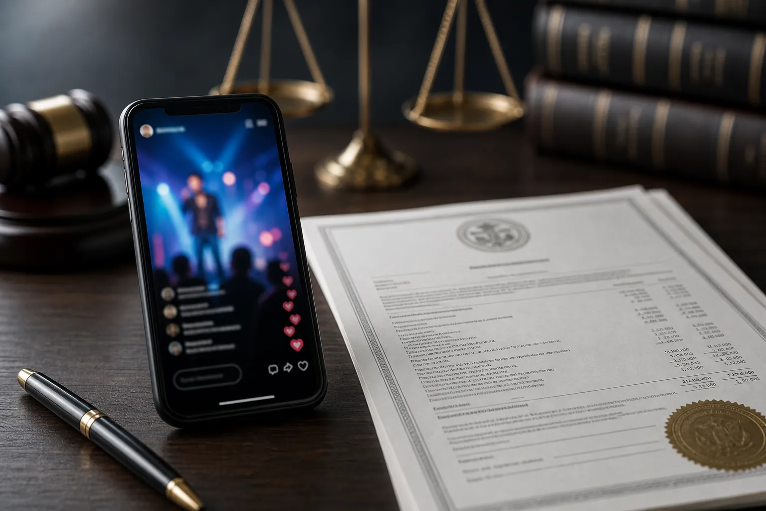 Smartphone showing a live-streaming interface beside a civil complaint document, gavel, and scales of justice