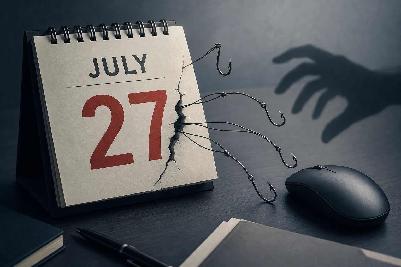 Desk calendar showing July 27 with scam hooks emerging from the page
