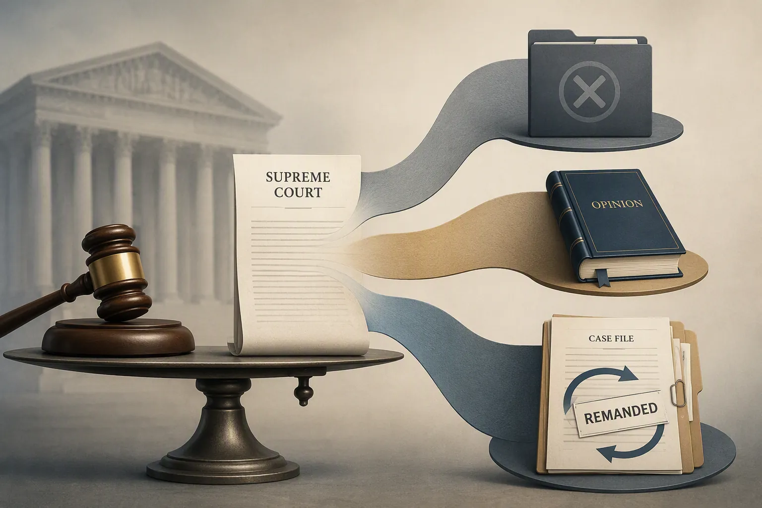 Gavel beside a legal document splitting into three procedural streams toward a closed folder, bound opinion, and active remand file