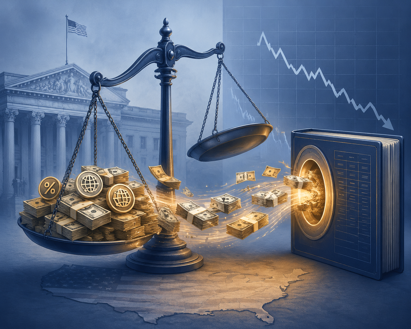 Customs scale with cash pulled backward through a ledger and a Treasury silhouette in the background