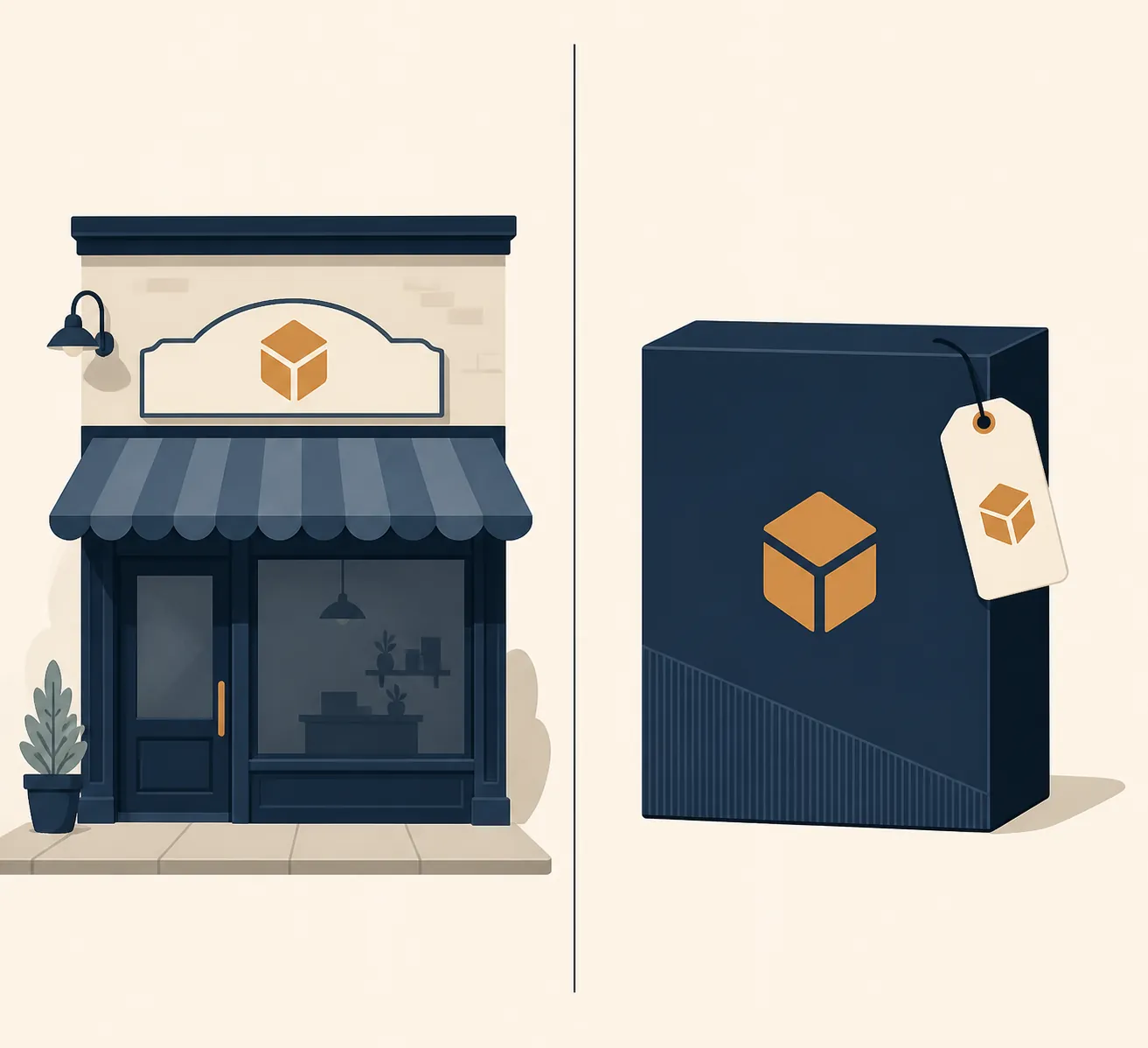 Split-screen illustration of a storefront sign and a product box label showing the difference between a trade name and a trademark