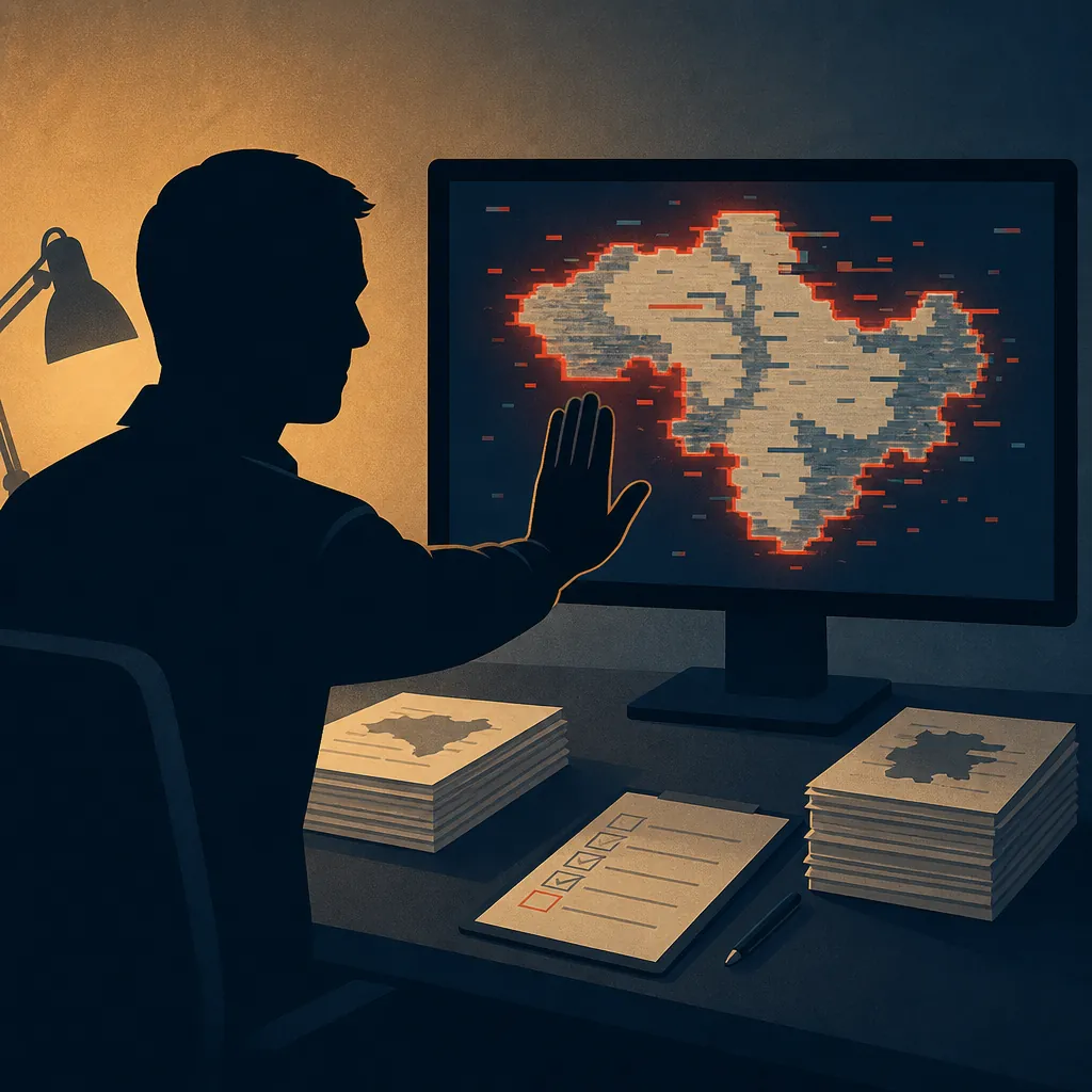 A human reviewer raises a stop gesture toward a monitor showing a distorted map-like AI output