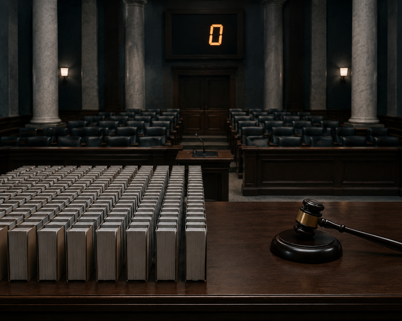 Rows of 62 legal briefs beside an unused gavel and a counter showing zero