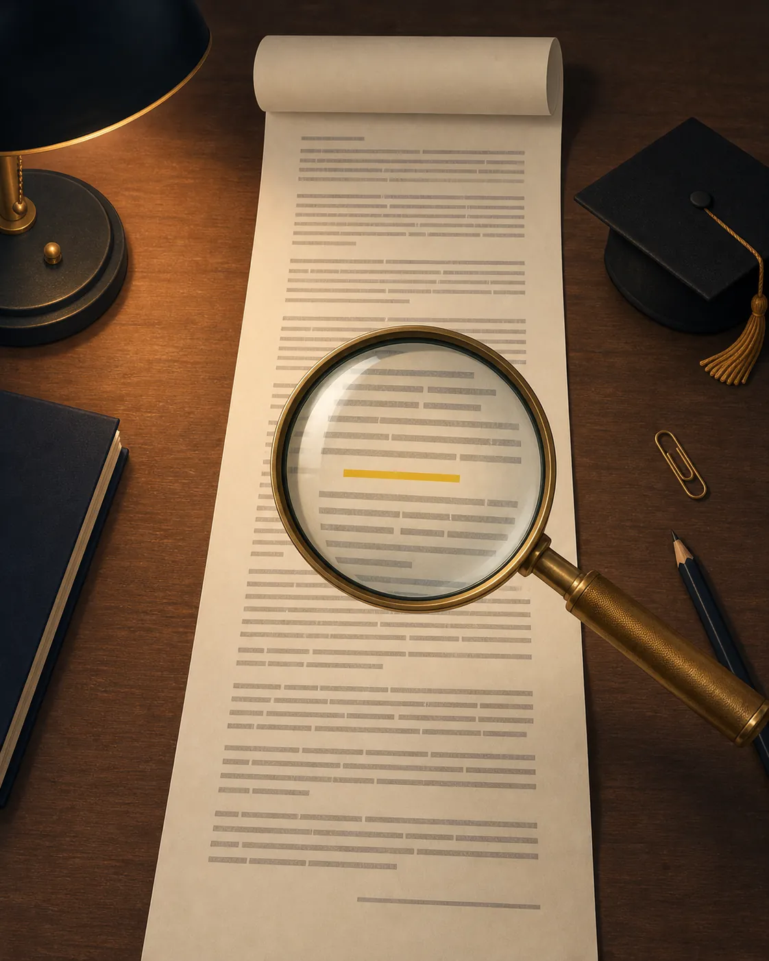 A long legal settlement document with dense rows of text under a magnifying glass, with one line highlighted