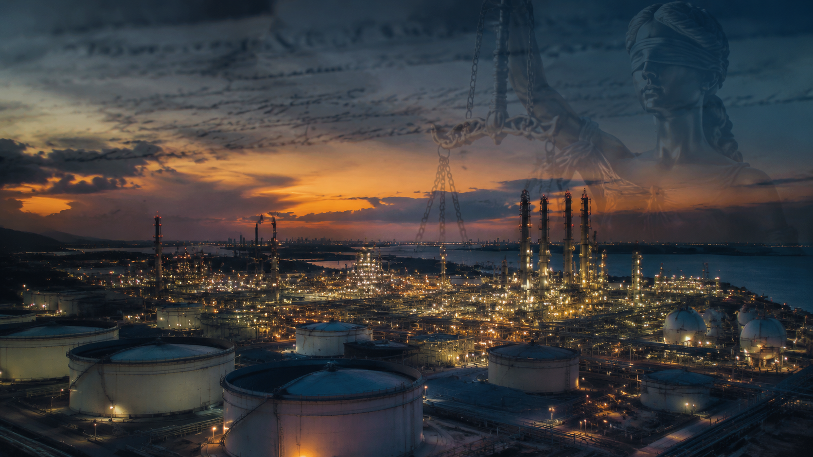 Aerial dusk view of an oil refinery complex overlaid with legal document text and a justice scale motif