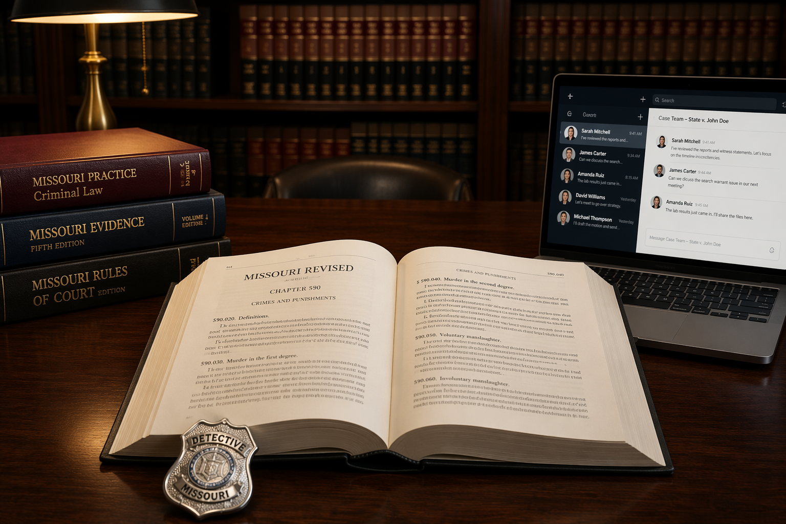Open Missouri law book beside a laptop messaging interface and detective badge