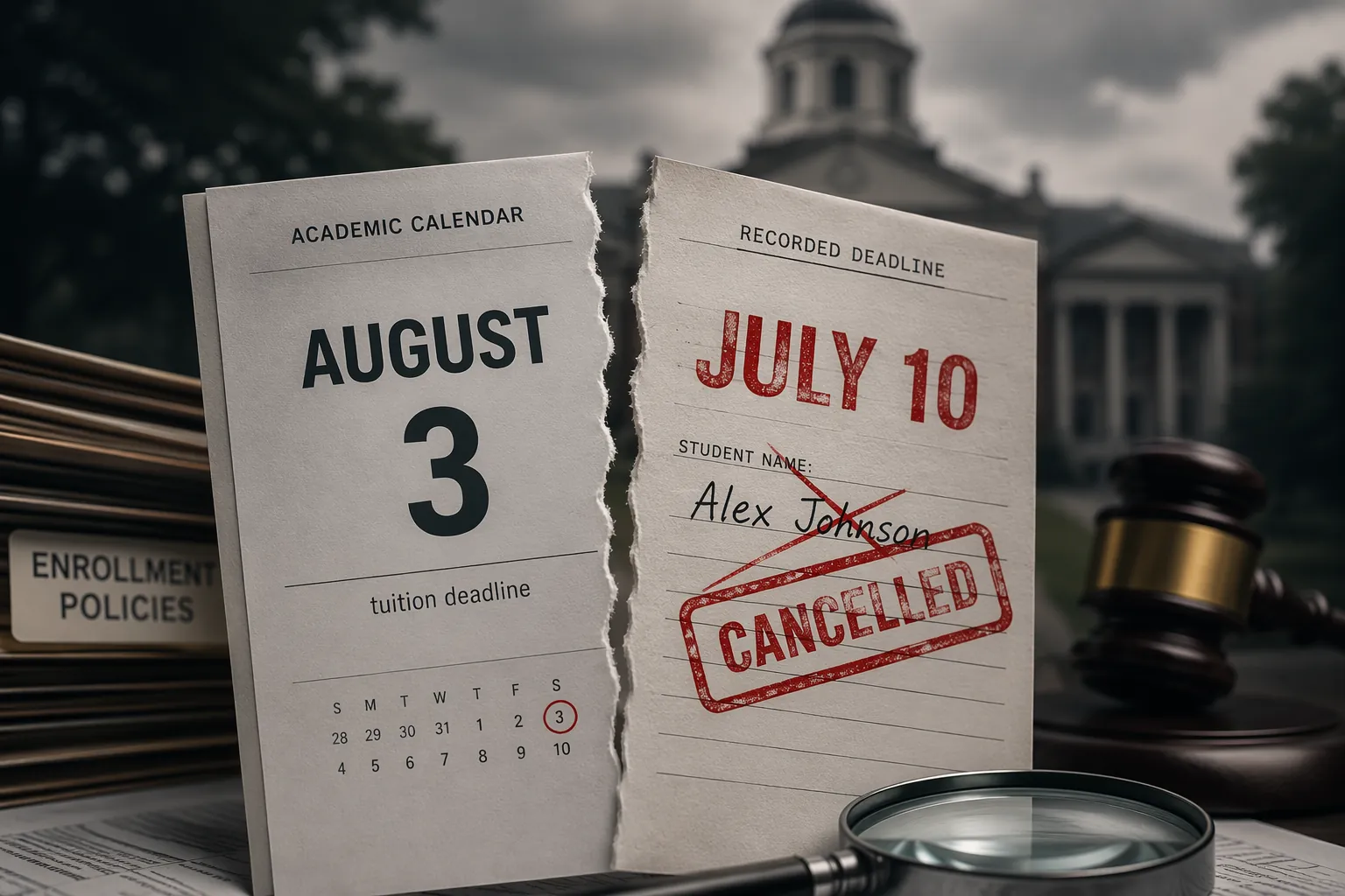 Torn academic calendar showing August 3 and handwritten July 10 with a cancellation stamp
