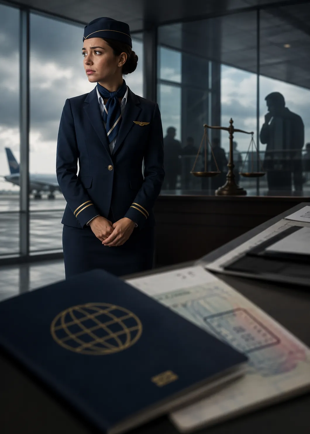 Flight attendant in an airport terminal with passport and visa documents in the foreground