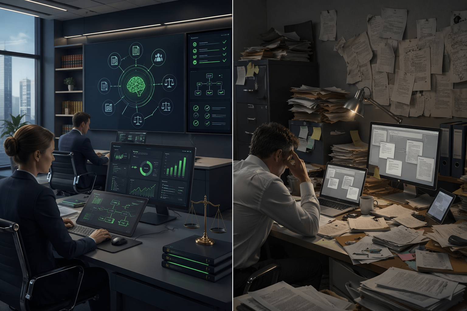 Organized AI strategy environment contrasted with disconnected and unmanaged legal work