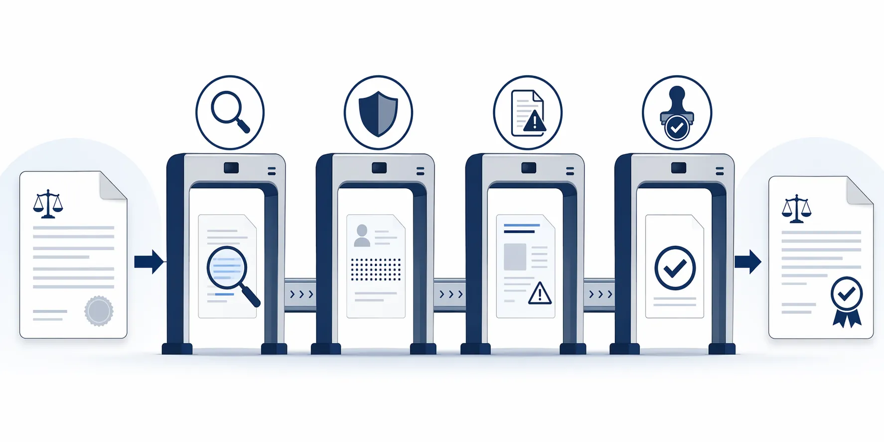 Legal document moving through source checking, confidentiality screening, disclosure formatting, and attorney review checkpoints
