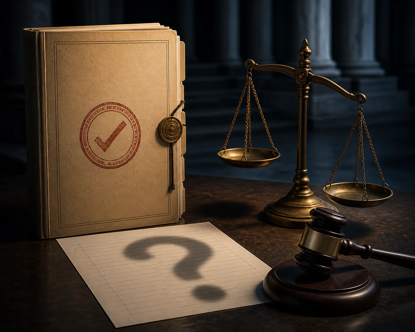 Legal desk scene with a verified case file, scales of justice, gavel, and question-mark shadow