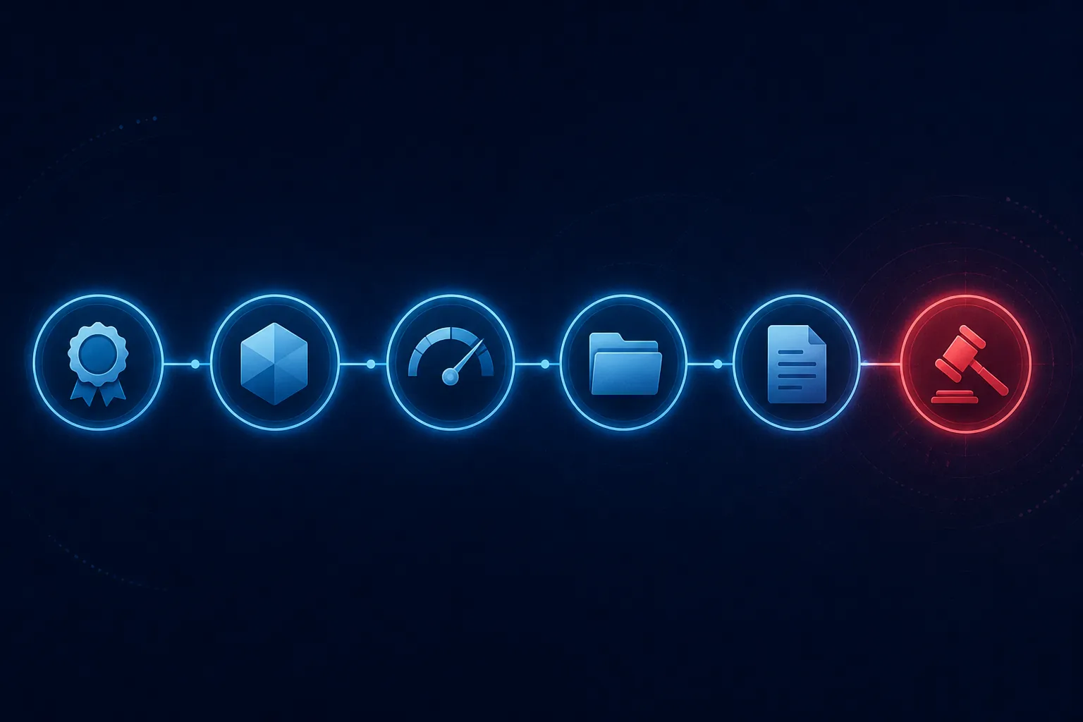 Six connected license-verification checkpoints with a final unresolved appeal or stay node