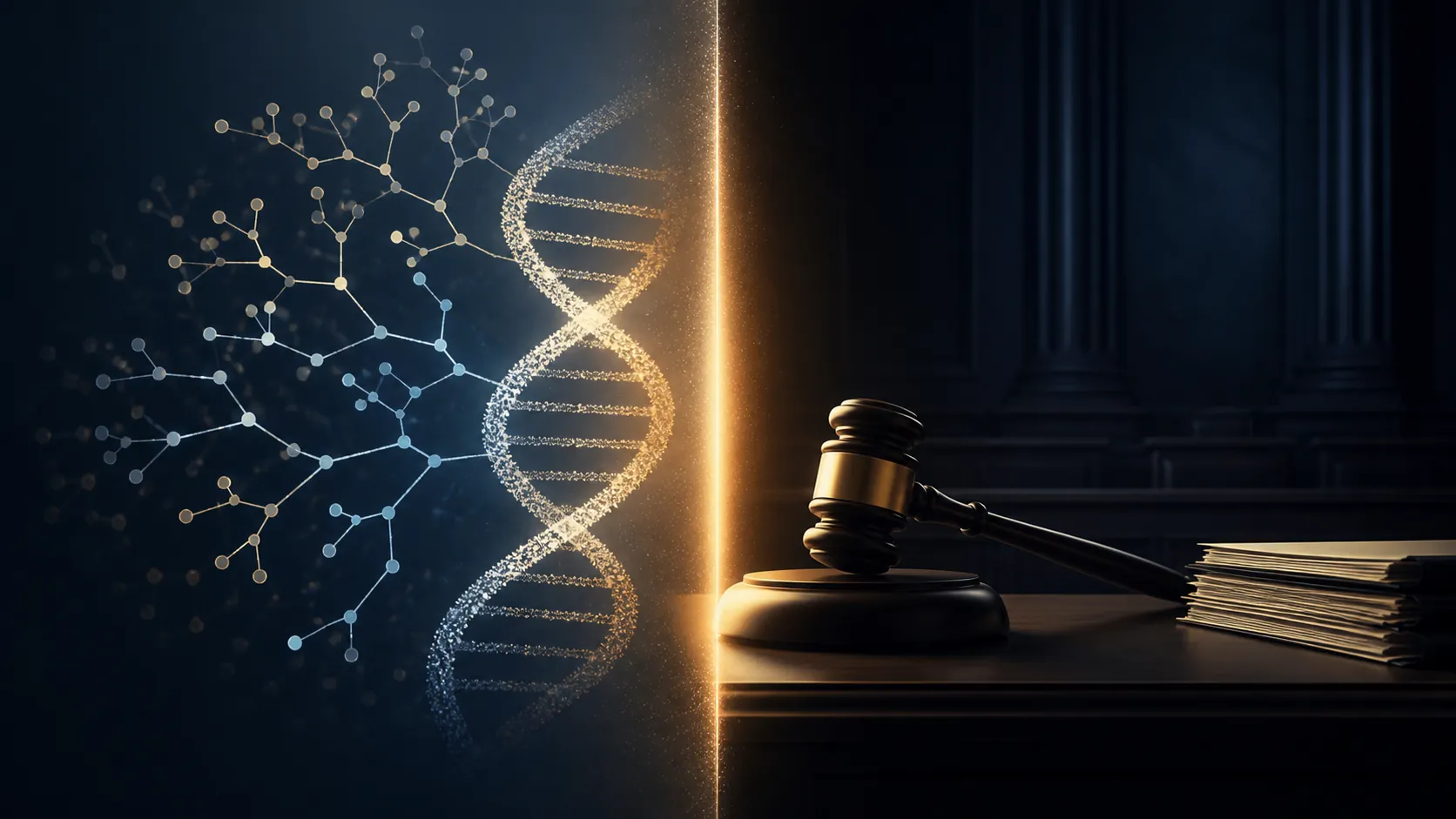 DNA family-tree illustration meeting a courtroom with legal documents