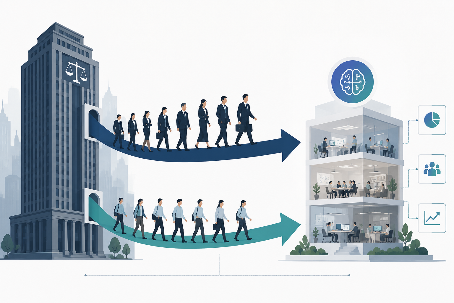 Diagram of Big Law losing senior partners and mid-level associates to an AI-native firm in a two-front talent movement