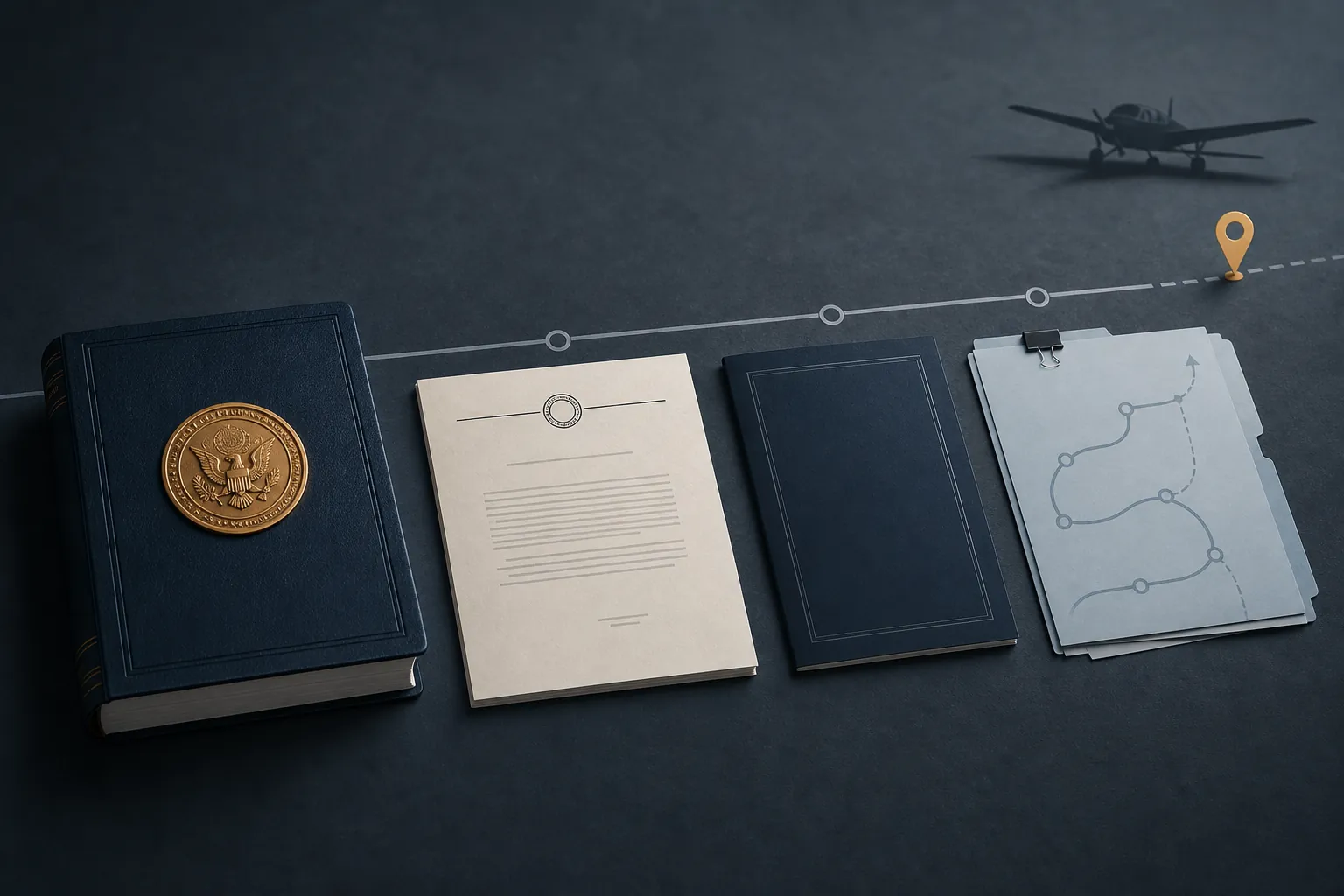 Four distinct legal documents on a desk representing the instruments behind the leaded avgas transition