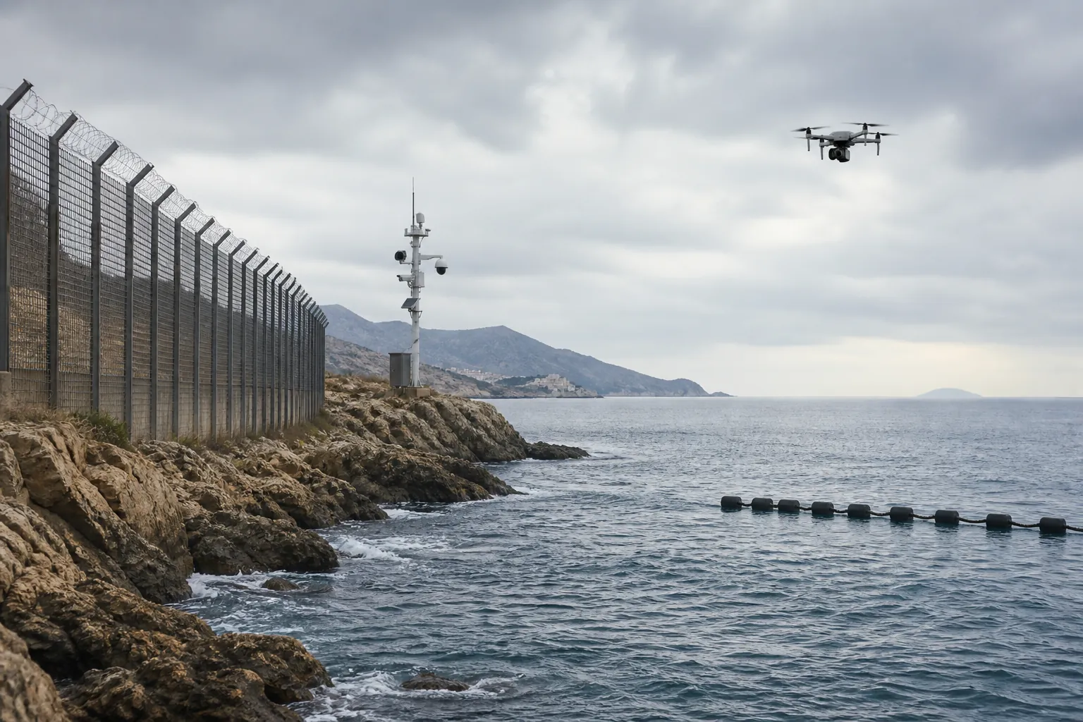 Conceptual illustration of the Ceuta and Melilla sea border with a fence, open water, floating barrier, drone, and camera mast