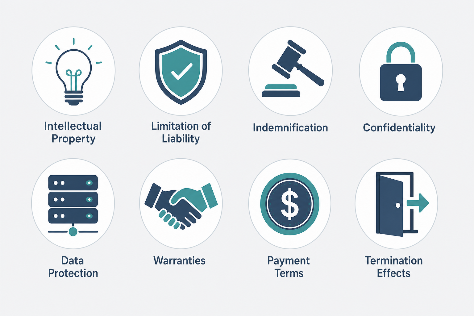 Eight legal clause icons arranged in a two-row grid representing the 'Great 8' clauses for AI contract review playbooks.