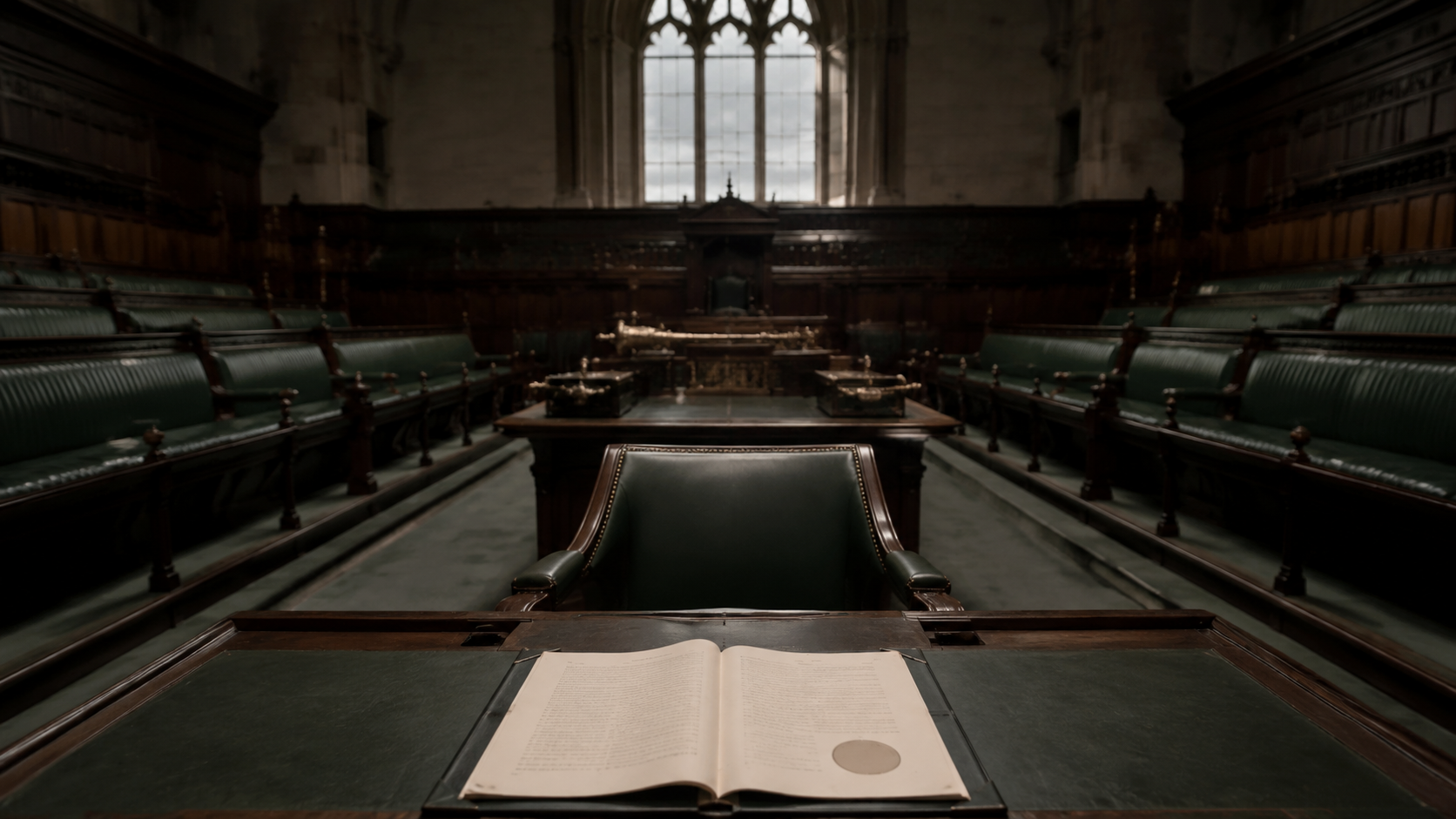 Empty parliamentary chamber with an open legal document on a desk