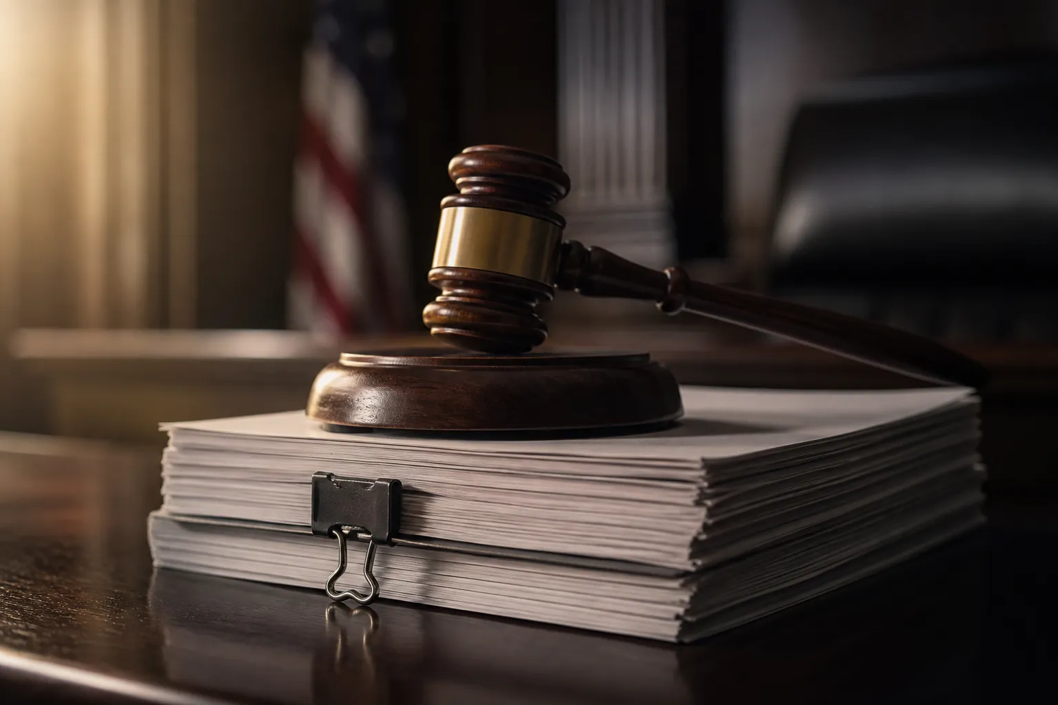 Judge's gavel resting over two clipped legal documents on a polished bench