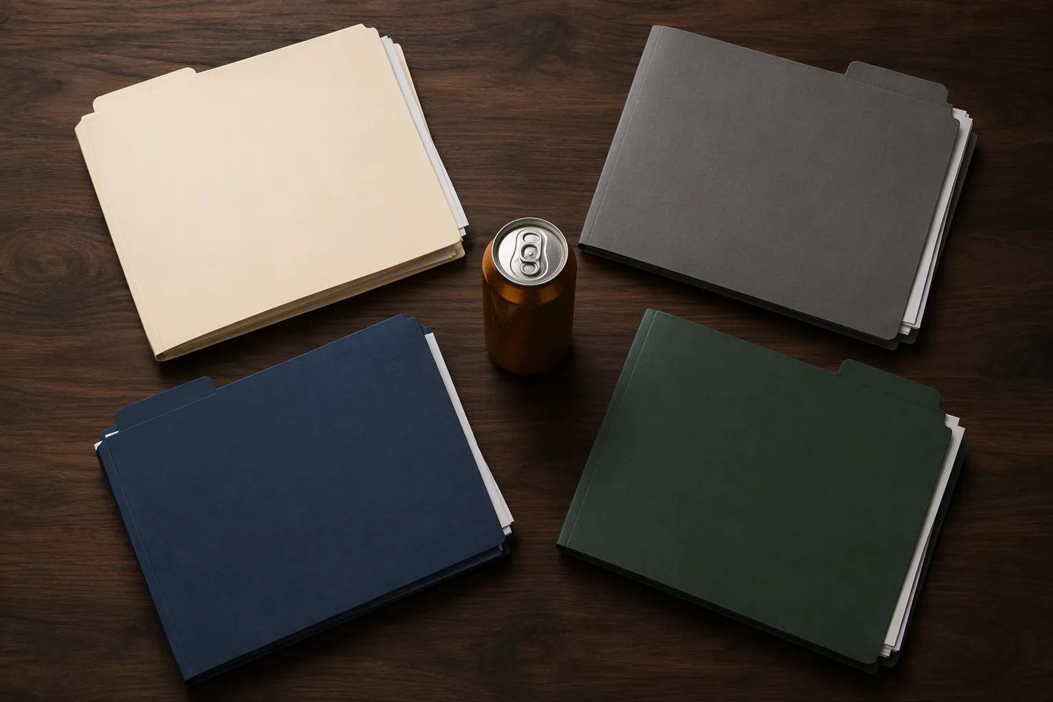 Four colored legal file folders and an amber beer can on a dark wooden desk