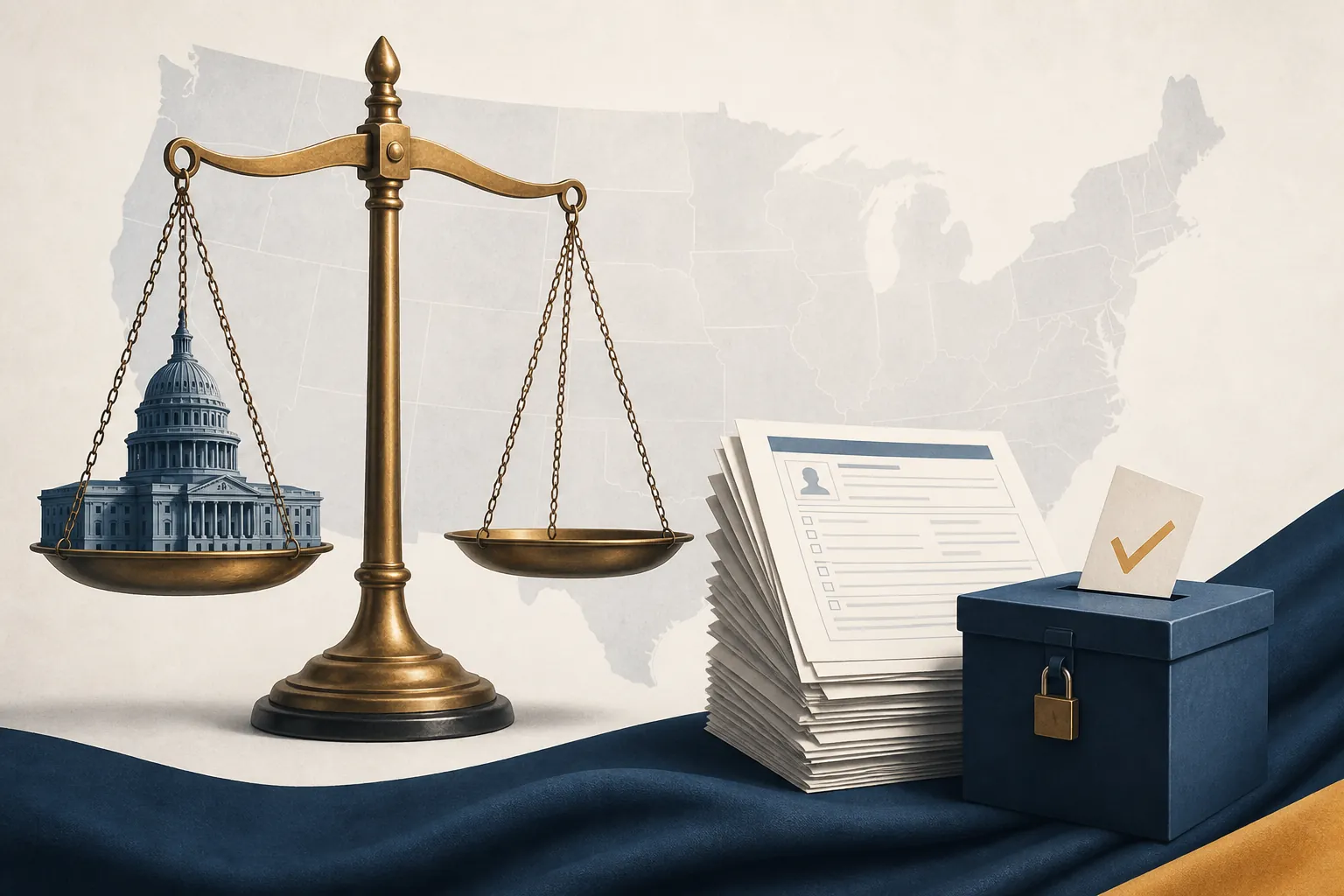 Scales of justice balanced against voter registration forms and a ballot box