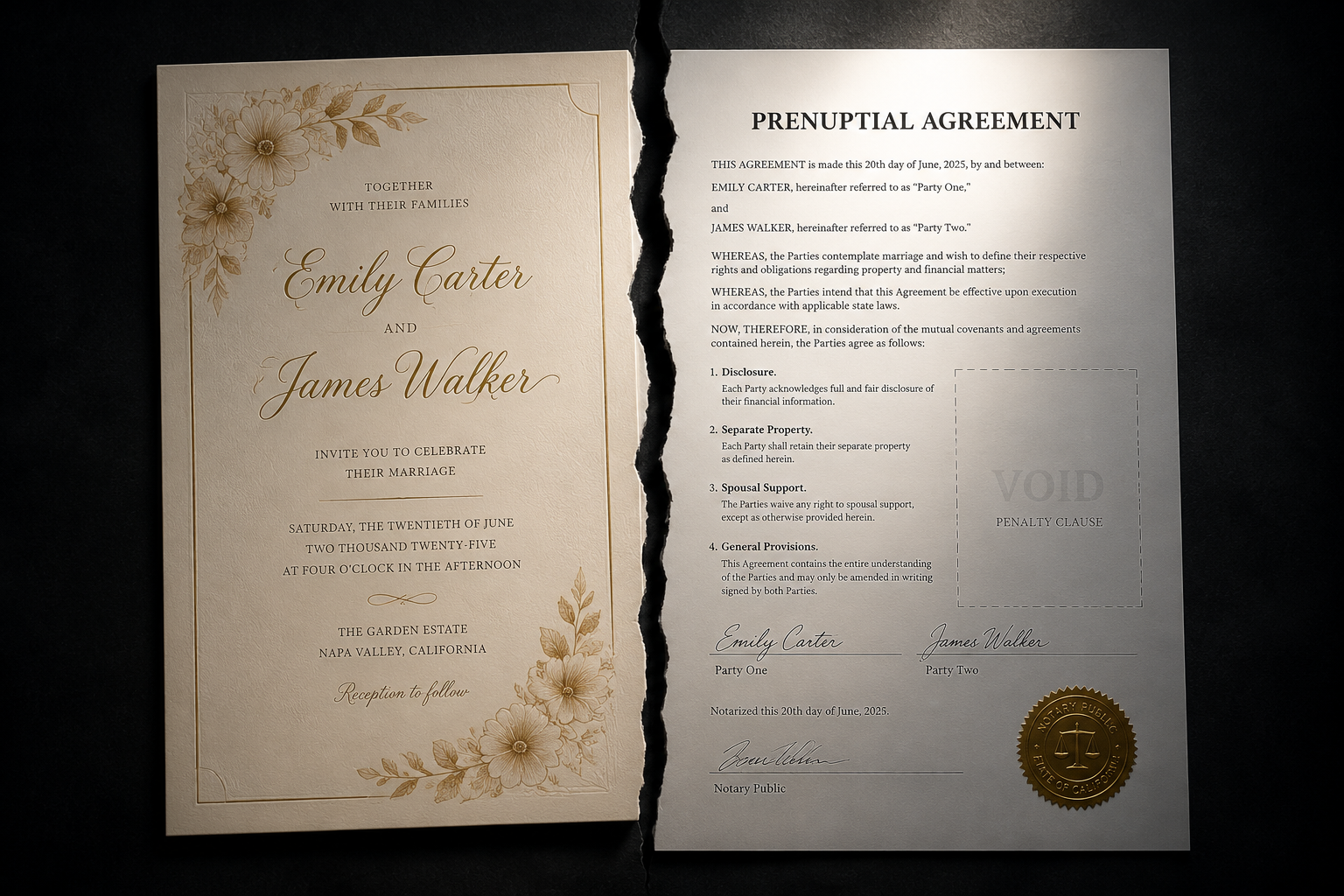 Split image of a wedding invitation and legal contract with an absent penalty clause
