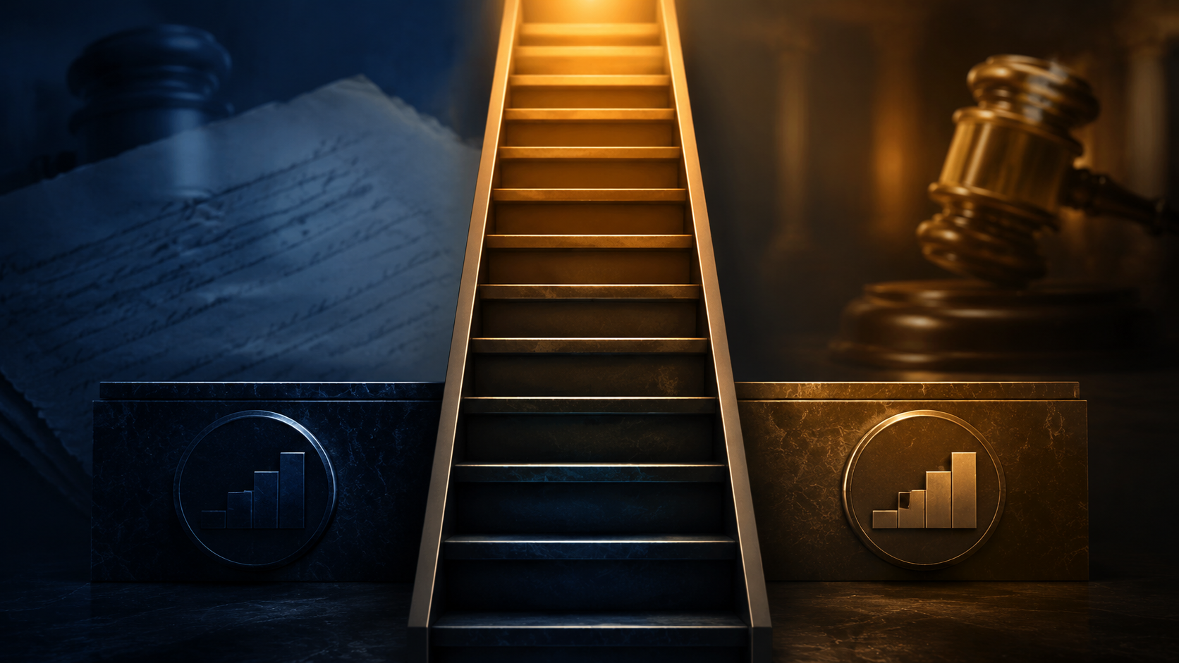 Abstract legal charge-elevation ladder over courtroom document textures
