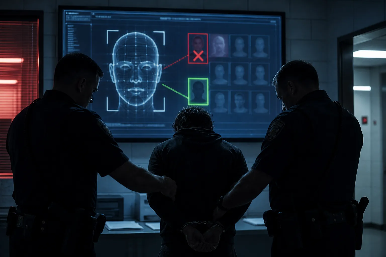 Facial-recognition mismatch display with a civilian being handcuffed in the foreground