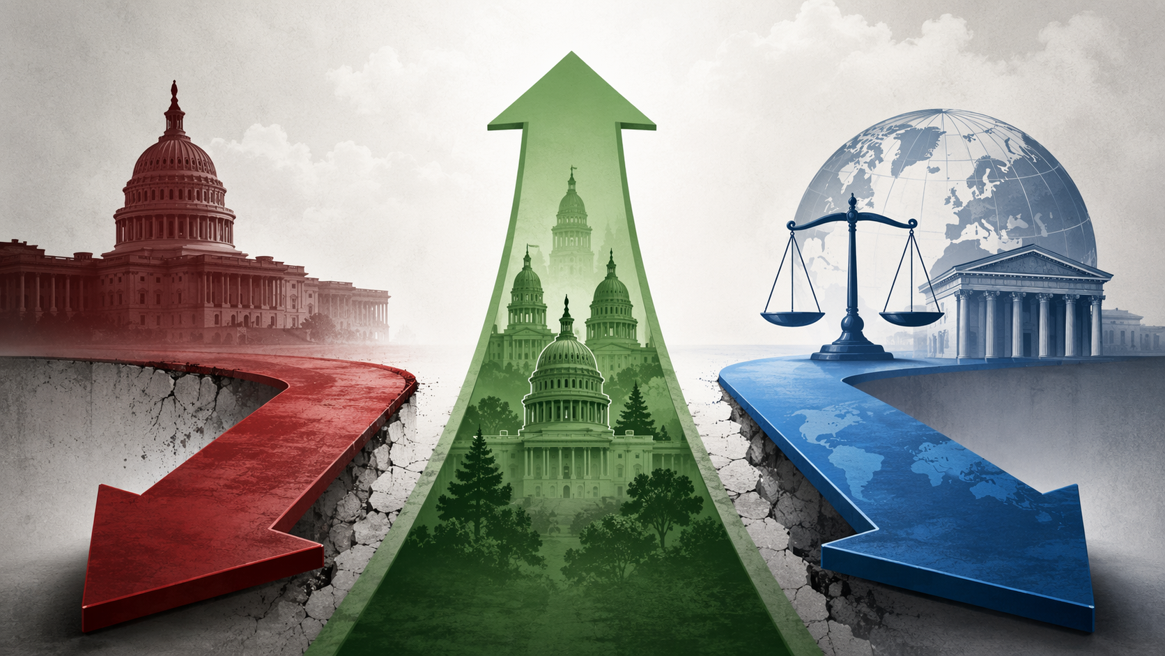 Three-lane climate regulation illustration showing federal retreat, state advance, and international obligations
