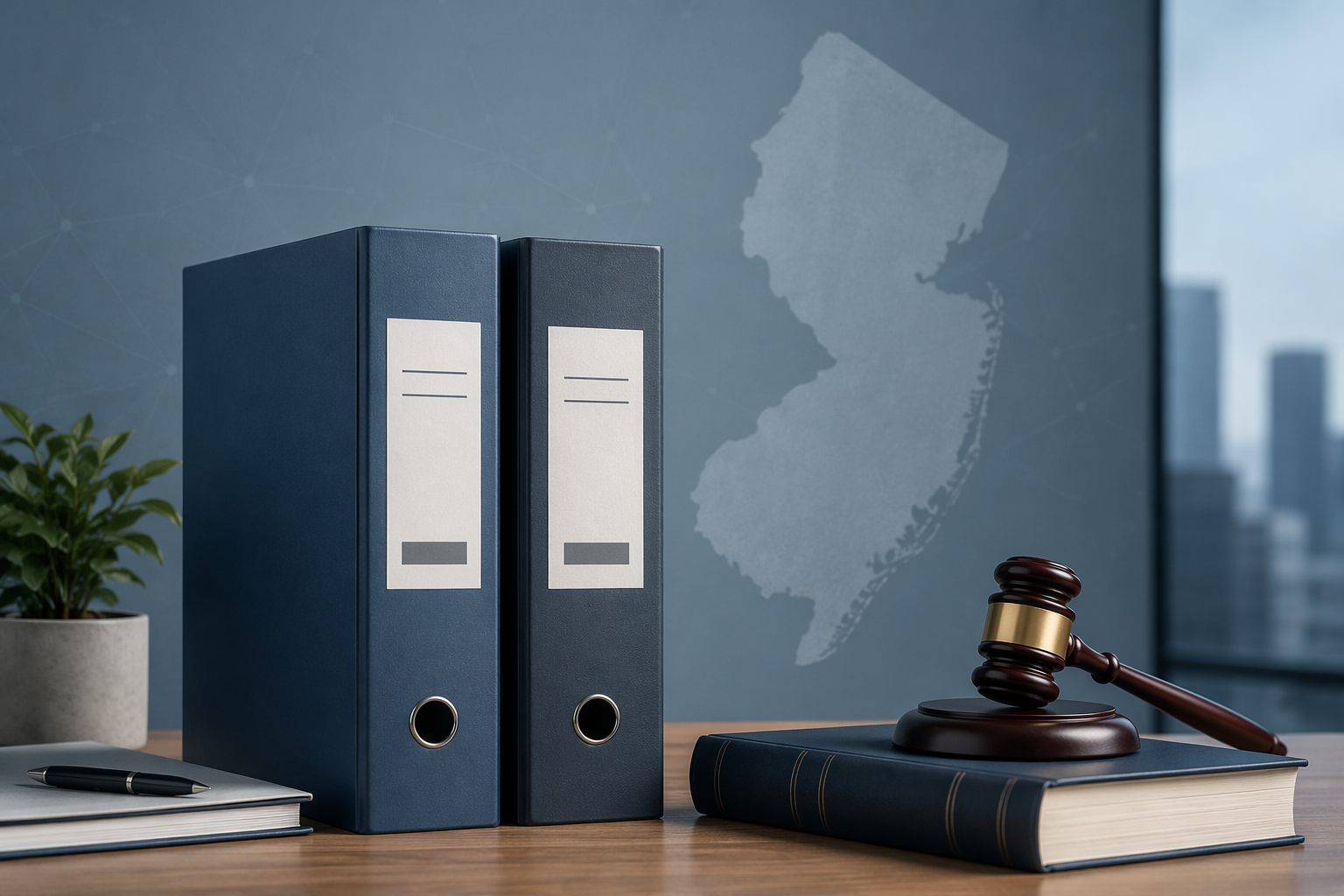 Two corporate document folders labeled SEA and SDS America on a desk with a New Jersey outline and statute book