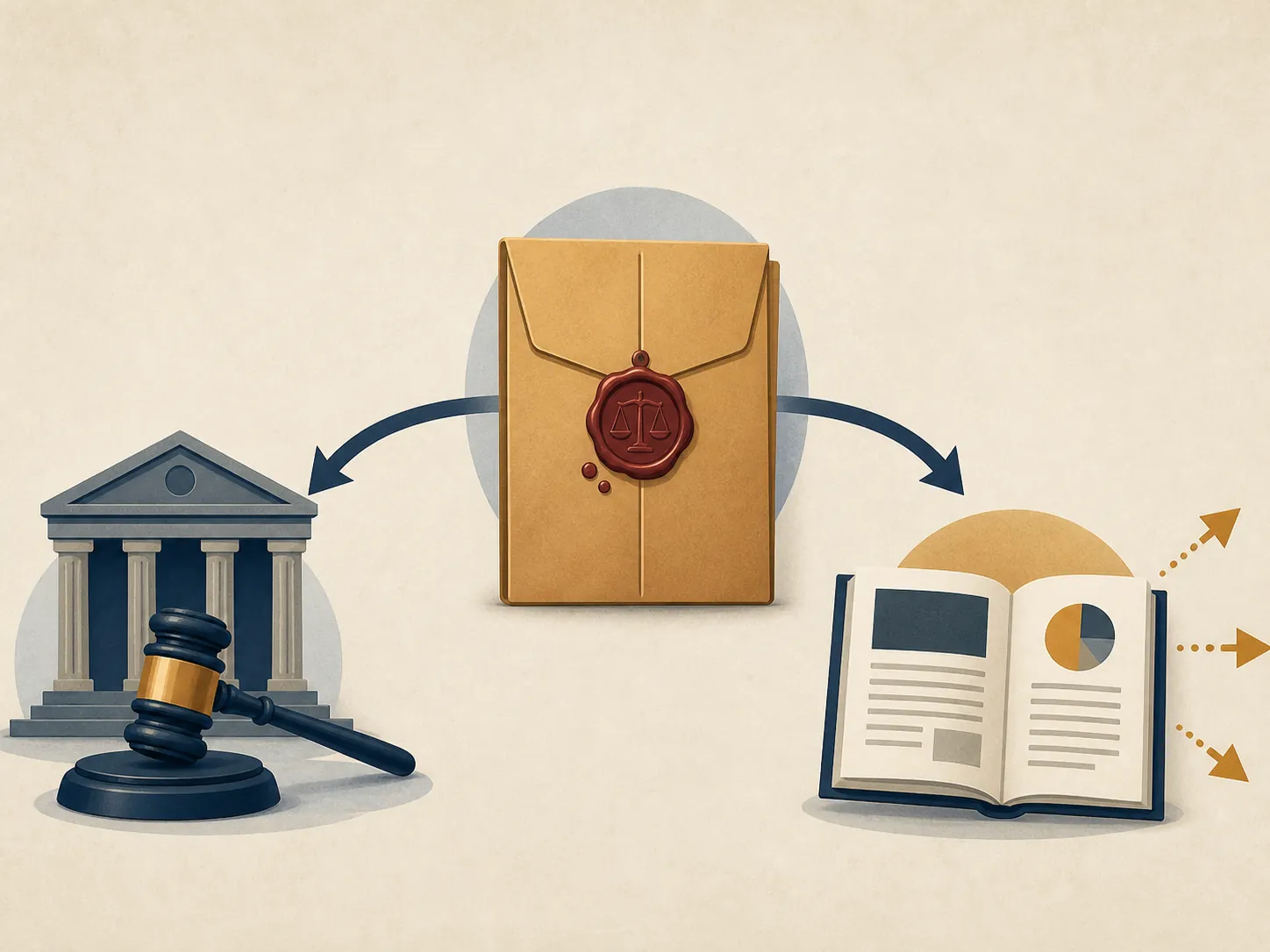 Sealed legal folder branching toward a gavel and a public misconduct report